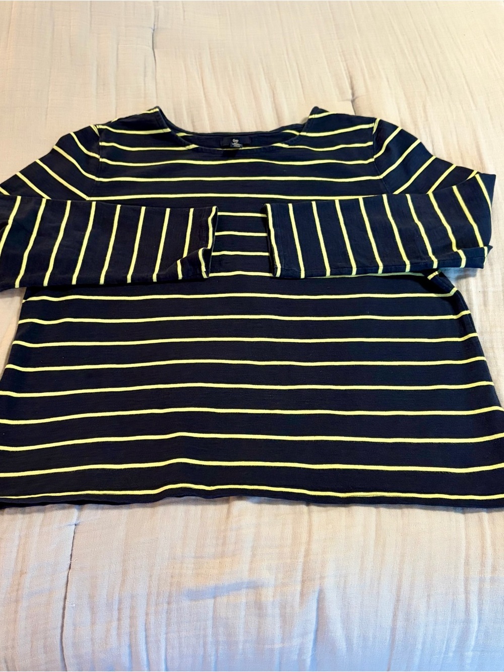 GAP Women’s Cotton Navy and Yellow Striped Crew Neck Top with Side Slit Sz XXL